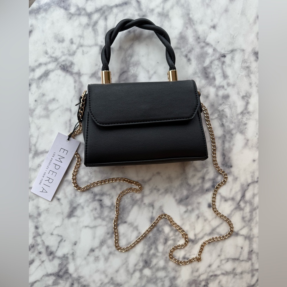 NWT Black Vegan Leather Emperia purse with crossover chain